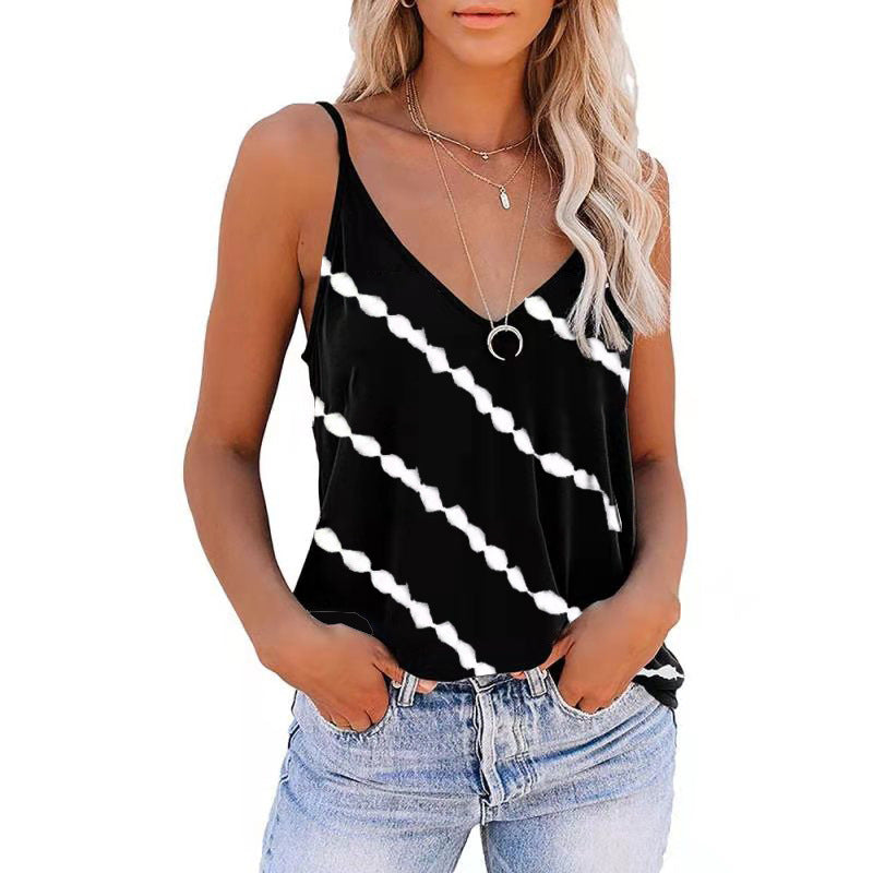 Women's Sleeveless Camisole V-neck Striped Printed T-shirt